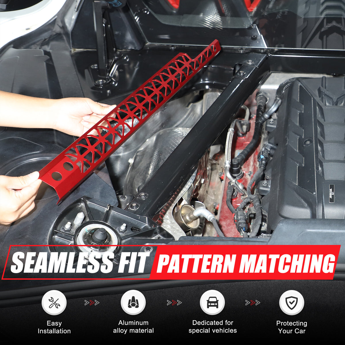 Hollowe Red Engine Bay Crossmember Panel Trim Cover For Corvette C8 Coupe 20+ US 7
