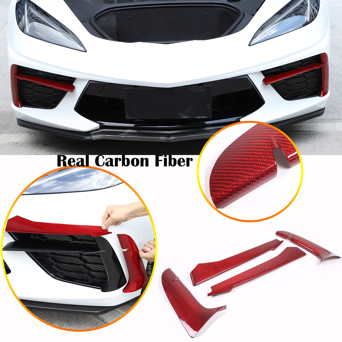 Red Real Carbon fiber Car Front Bumper Side Grille Cover Set For Corvette C8 20+ 3