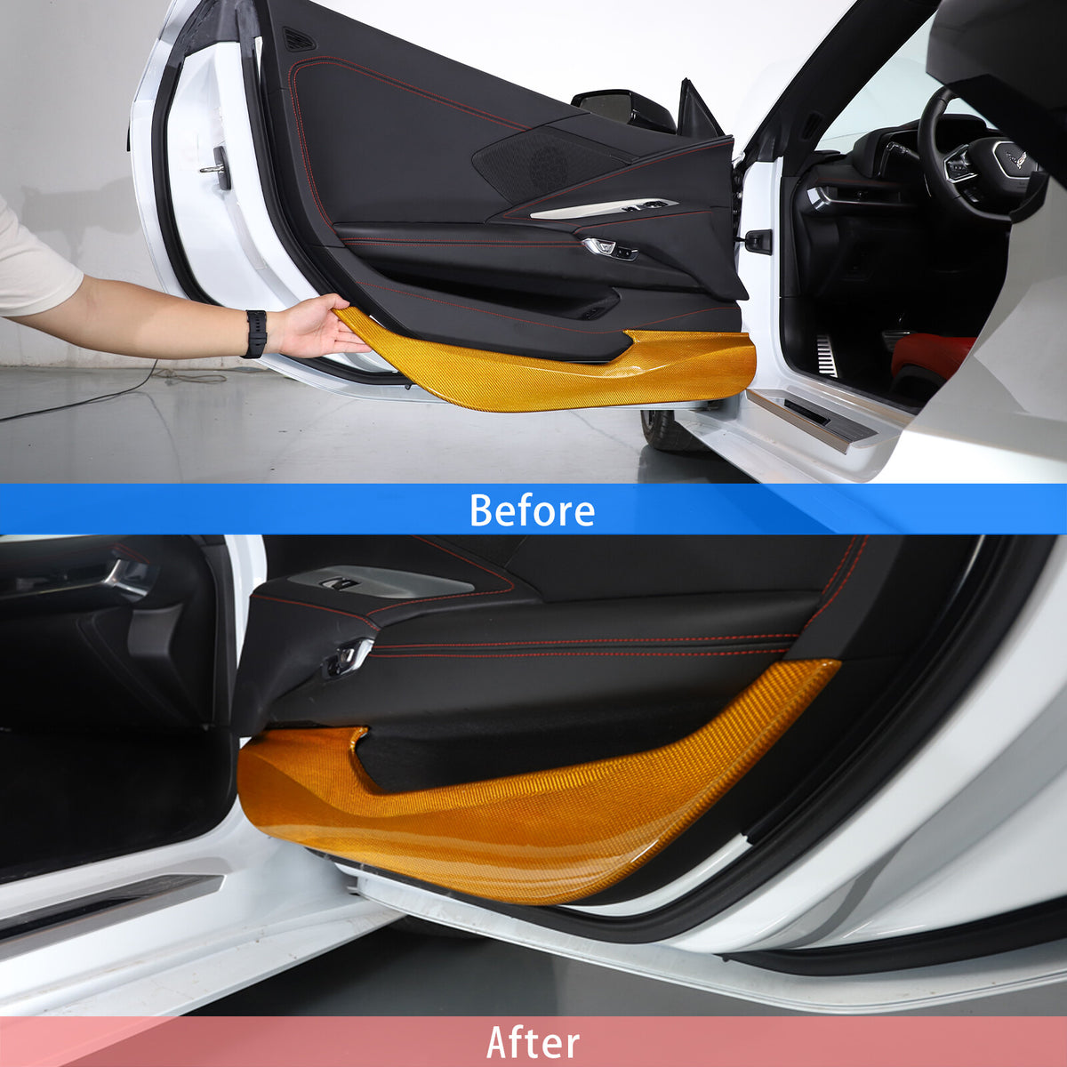Yellow Carbon Fiber Interior Door Anti-kick Panel Cover Trim For Corvette C8 20+ 10