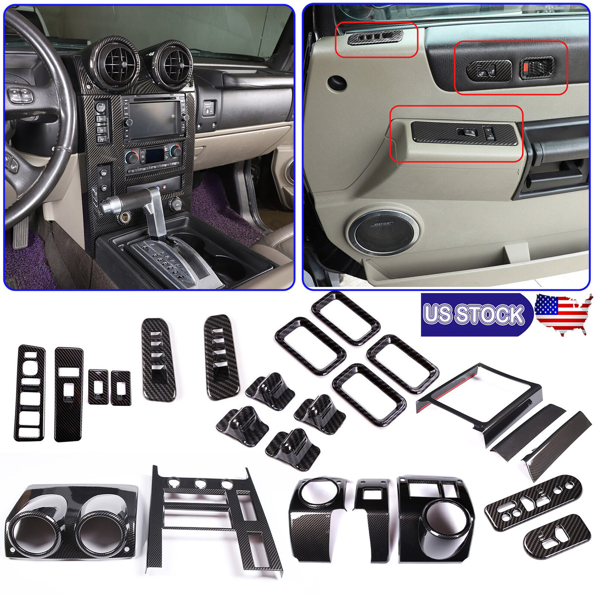 24x Carbon Fiber Interior Full Set Panel Cover Trim Kit For Hummer H2 2003-07 1
