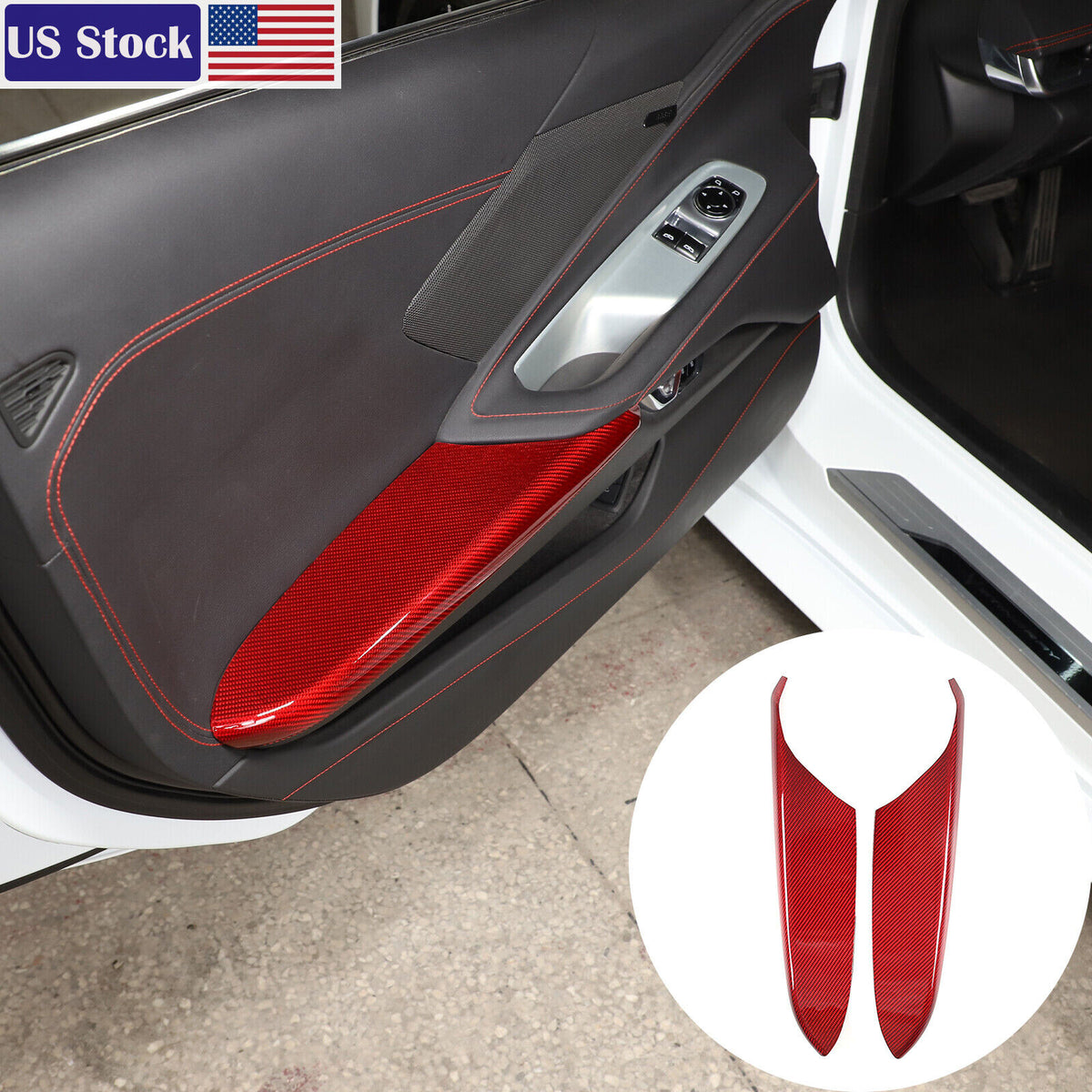 Red Real Carbon fiber Interior Door Armrest Panel Cover for Corvette C8 20+ US 1