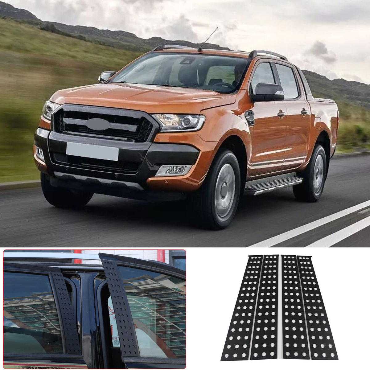 Black Aluminum Alloy Window Center Pillar Trim Panel For Ford Ranger 2015-21 10