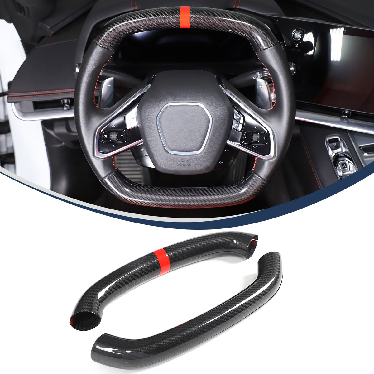 Red Top Real Carbon Fiber Steering Wheel Trim Cover For Corvette C8 2020+ 12