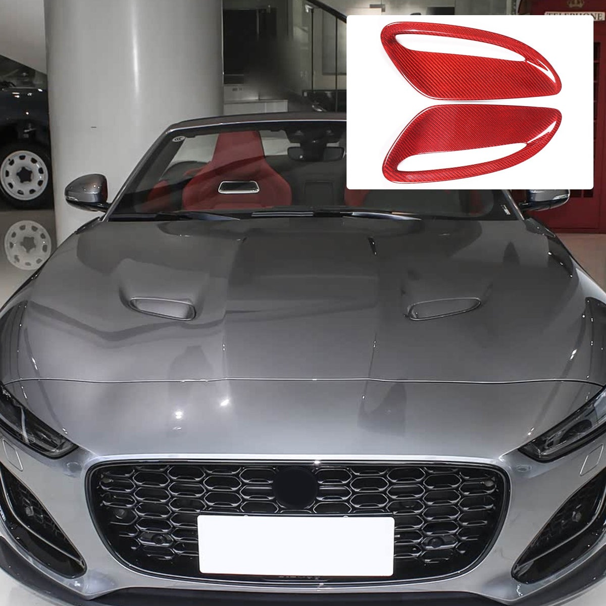 Red Real Carbon Fiber Hood Air Inlet Frame Trim For Jaguar F-TYPE X152 2021+ 11