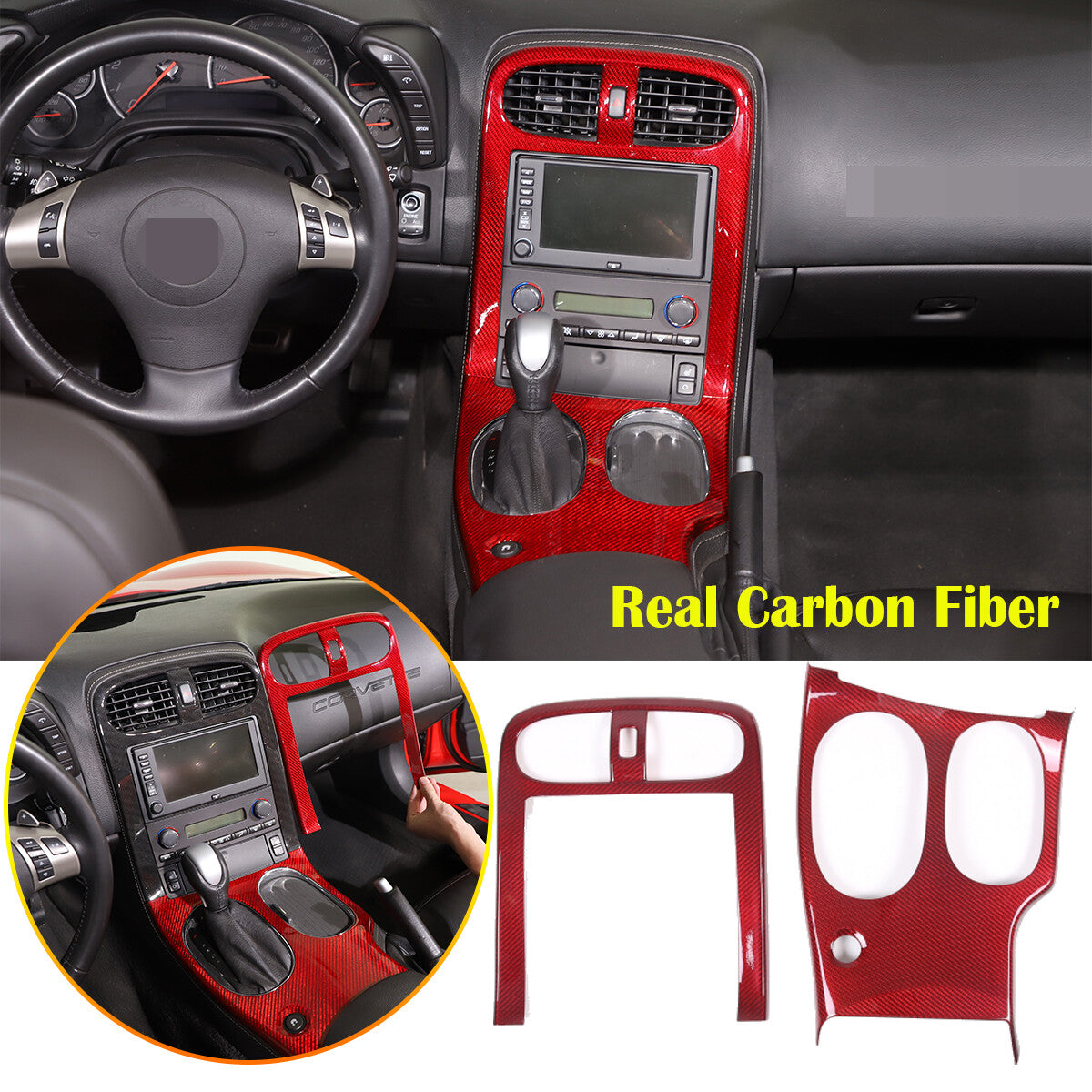 Red Real Carbon Fiber Center Console Panel Cover Trim Set For 05-13 Corvette C6 2
