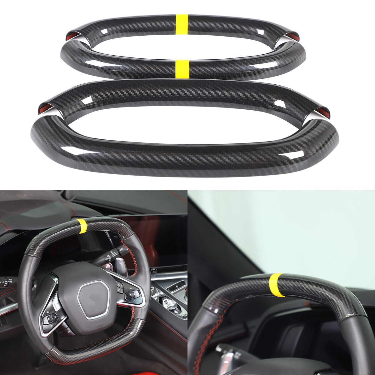 Yellow Top Real Carbon Fiber Steering Wheel Cover Trim For Corvette C8 20+ 1