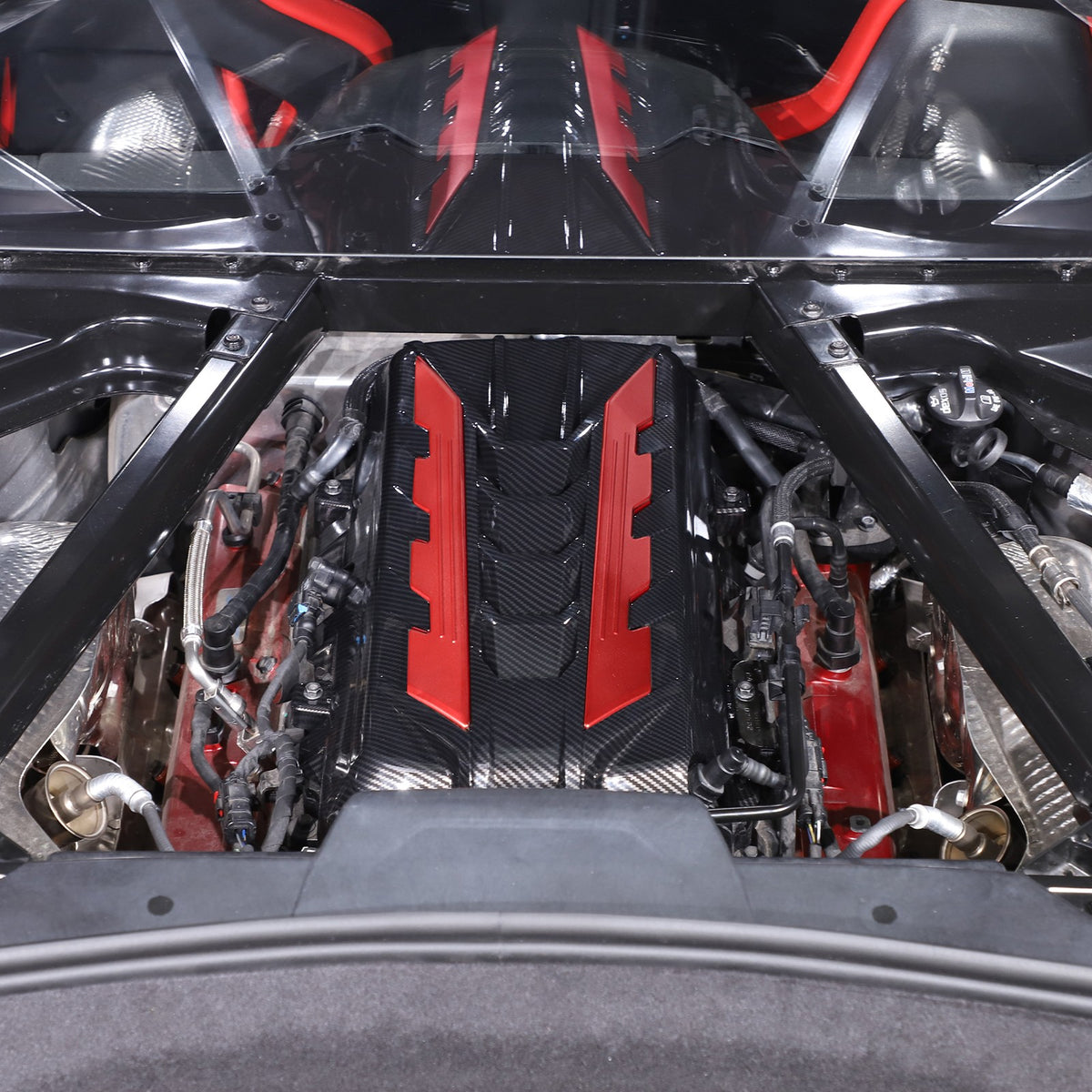 Carbon Fiber Engine Bay Panel Cover Trim in Edge Red For Corvette Coupe C8 20-26 2