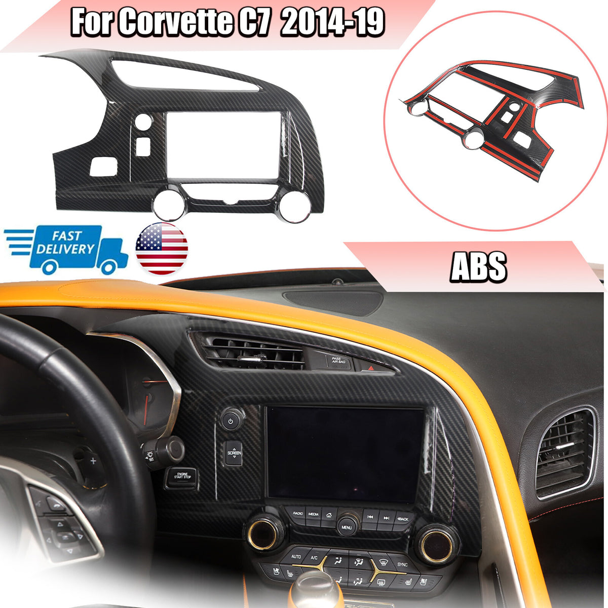 ABS Carbon Fiber Interior Center Dashboard Air Vent trim For Corvette C7 14-19 1