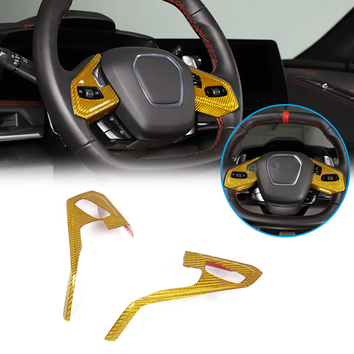 Yellow Carbon Fiber Steering Wheel Button Cover Trim For Corvette C8 20-26 2
