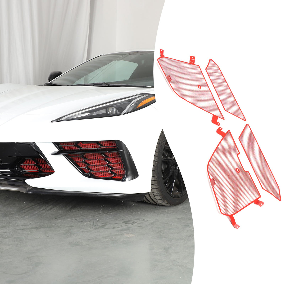 Red Steel Front Bumper Grille Mesh Screen Insect Guard For Corvette C8 2020 12