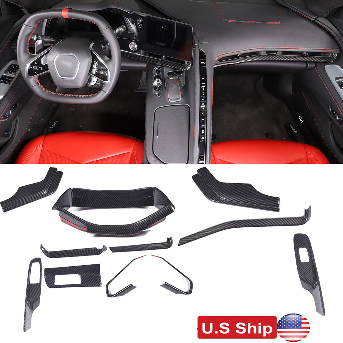Carbon Fiber ABS Center Console Trim Cover Trim Set For Corvette C8 2020-2026 1
