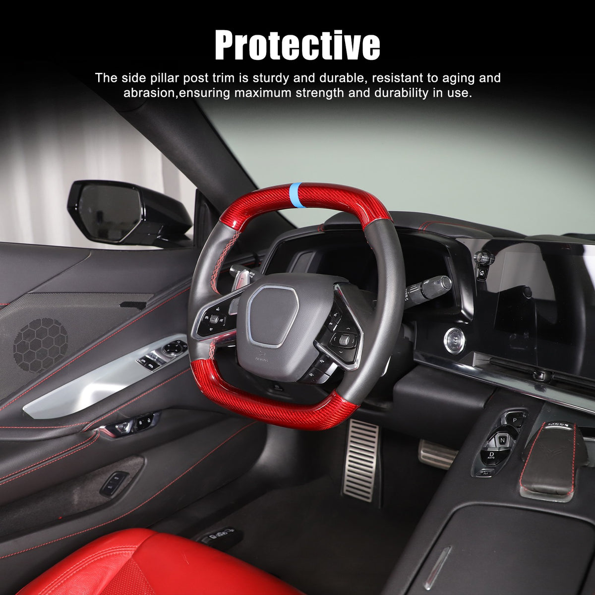 Red Real Carbon Fiber Blue Top Steering Wheel Cover Trim For Corvette C8 2020+ 6