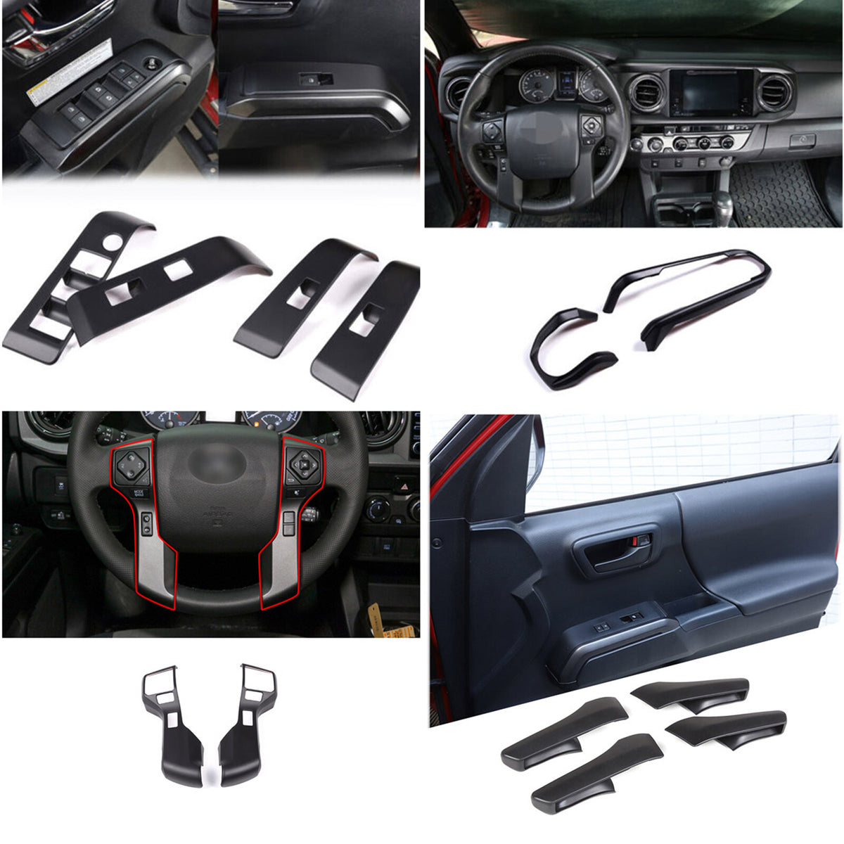 Matte Black Interior Dashboard Door Handle Trim Set For Toyota Tacoma 2016-23 2