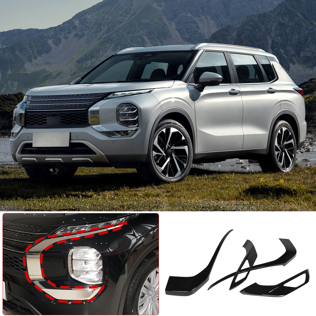 For Mitsubishi Outlander 2022 2023 Black Front Side Grille Molding Cover Trim 4