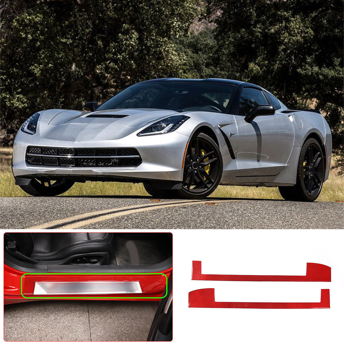 Red Carbon Fiber Door Sill Scratch Resistant Trim Sticker For Corvette C7 14-19 1
