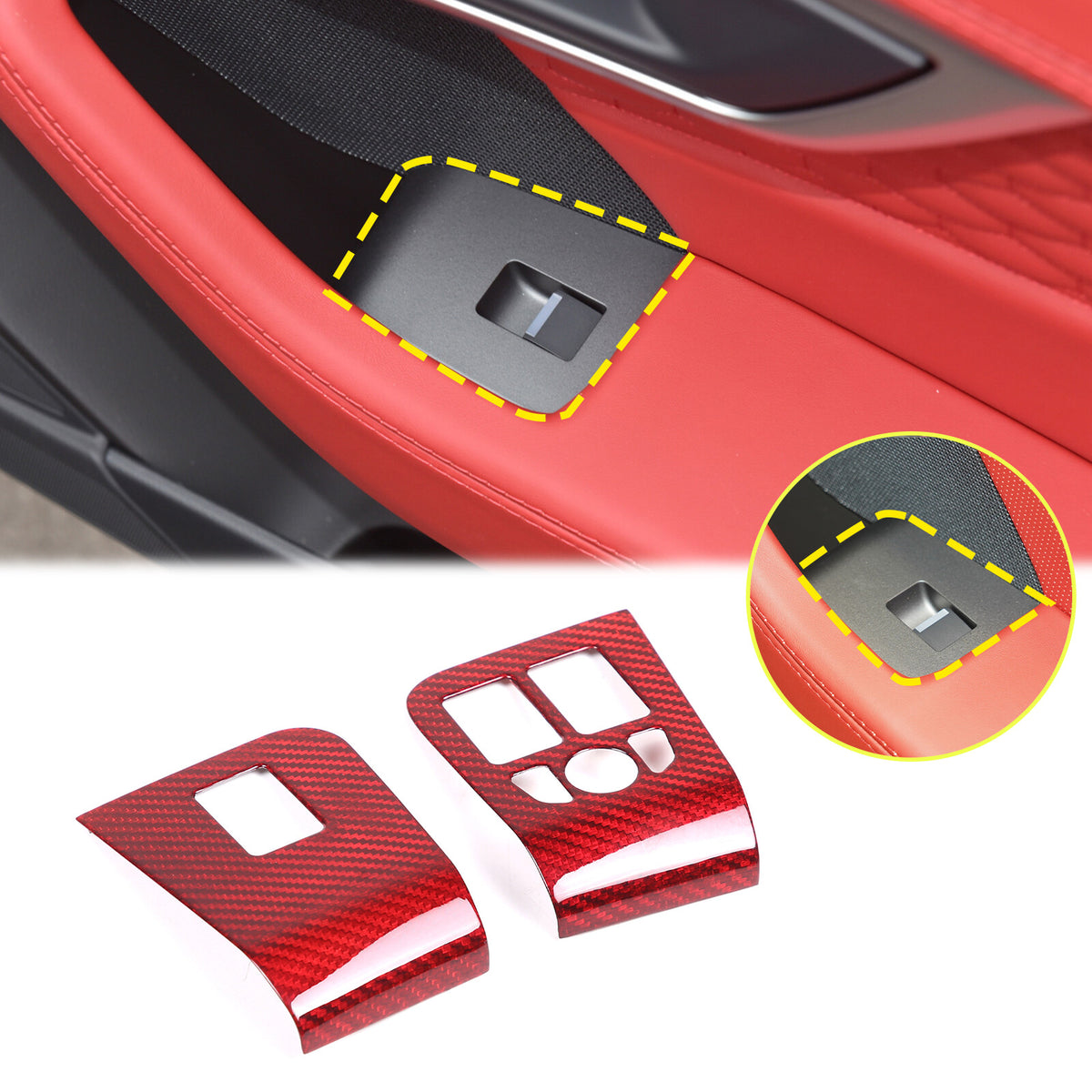 Red Carbon Fiber Window Lift Switch Button Trim Frame For Jaguar F-TYPE 2013-18 1