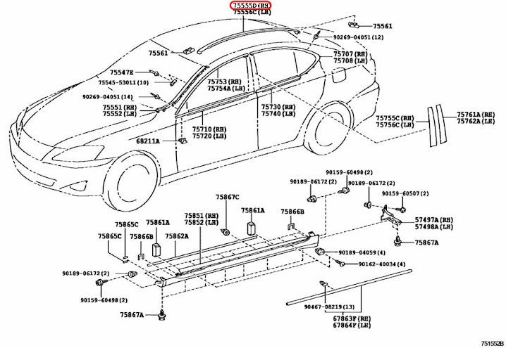 Toyota OEM MOULDING, ROOF DRIP SIDE FINISH, CENTER RH 75555-53050-J3 For Lexus 3