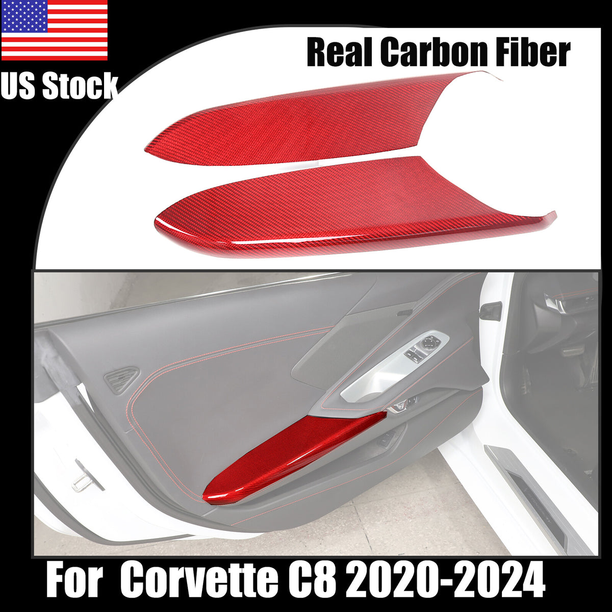 Red Real Carbon Fiber Door Armrest Panel Trim For Corvette C8 Convertible Coupe 1