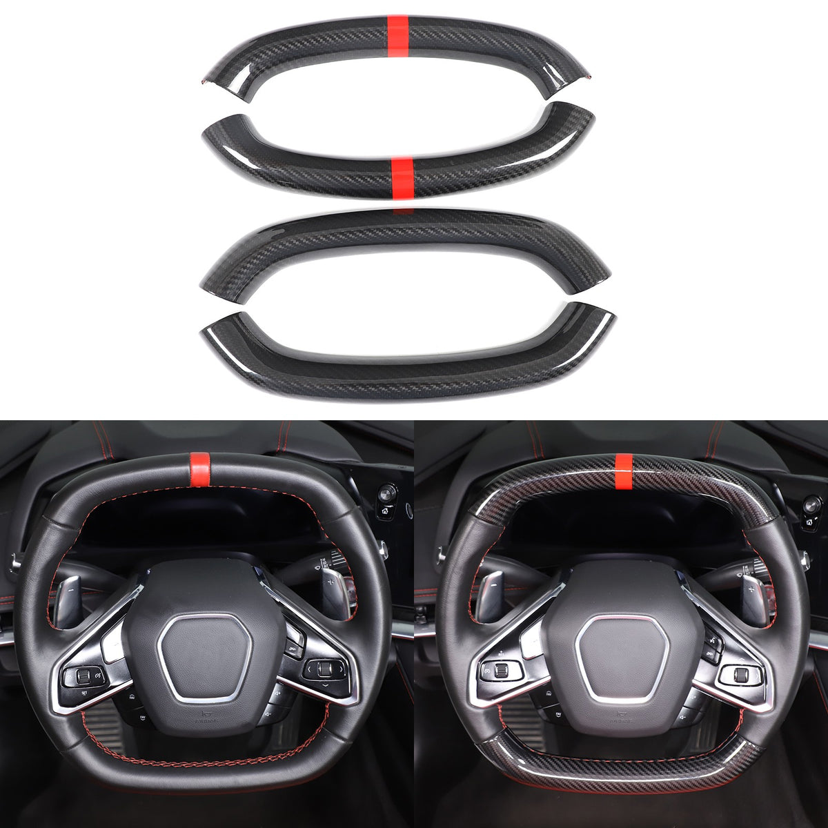 Red Top Real Carbon Fiber Steering Wheel Trim Cover For Corvette C8 2020+ 2