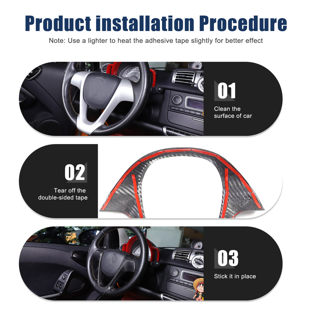 Real Carbon Fiber Interior Steering Wheel Cover Trim For Benz Smart Fortwo 09-15 17