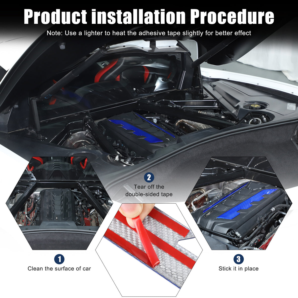 Blue Real Carbon Fiber Hood Engine Side Cover Trim for Corvette C8 2020+ 24