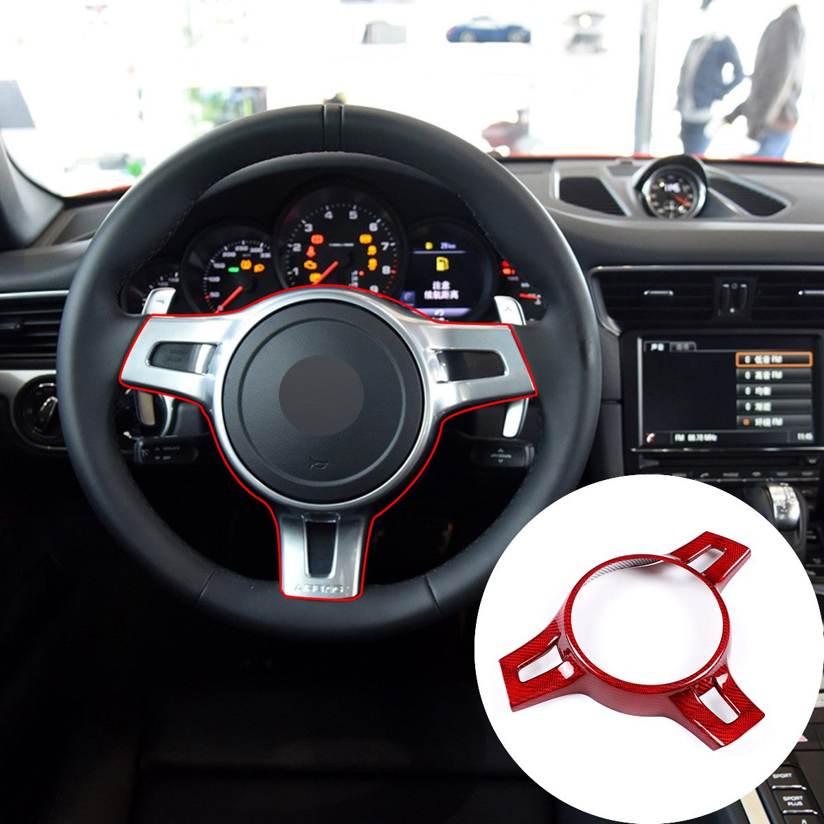Red Real Carbon Fiber Steering Wheel Trim Cover For Porsche 911 2010-2015 2
