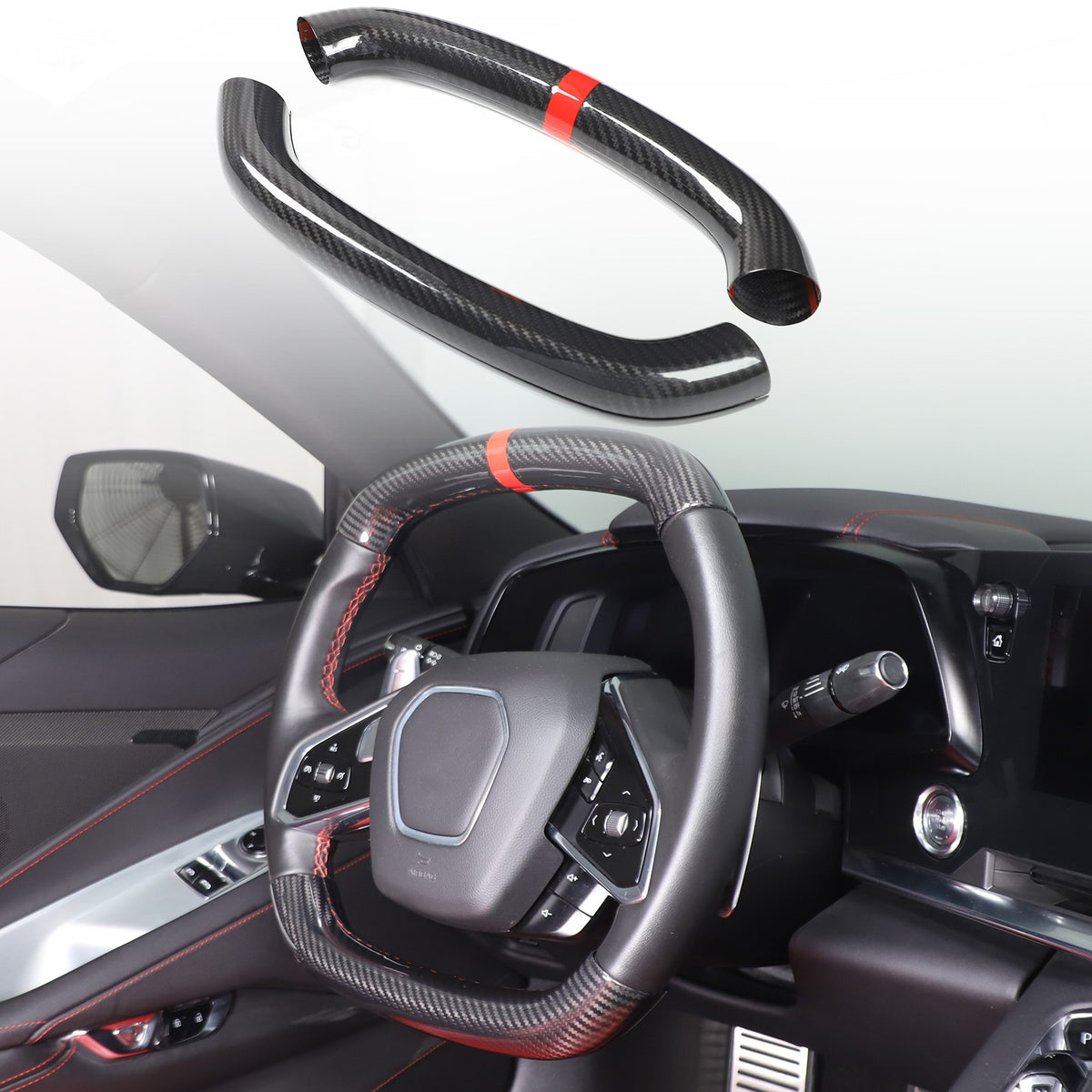 Red Top Real Carbon Fiber Steering Wheel Trim Cover For Corvette C8 2020+ 1