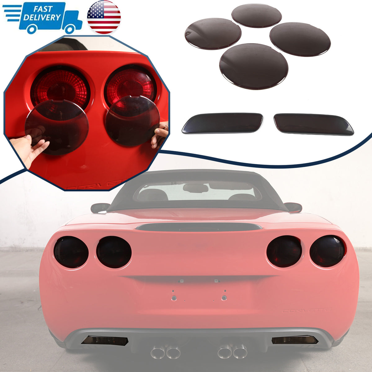 Smoked Taillight & Rear Fog Blackout Light Cover Trim For 2005-2013 C6 Corvette 1