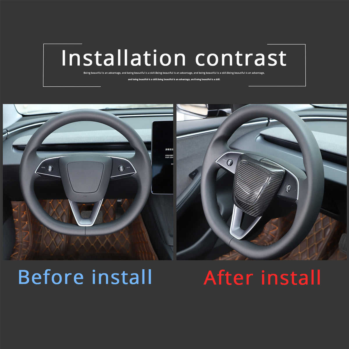 Real Carbon Fiber Steering Wheel Logo Trim Cover For Tesla Model 3 2023-2024 9