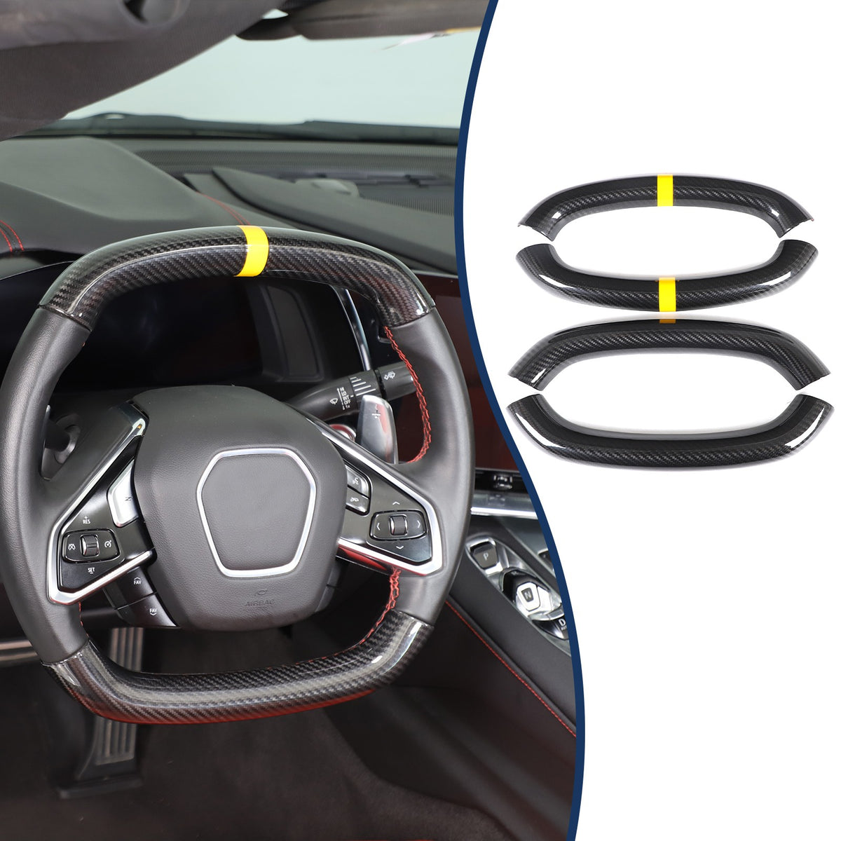 Yellow Top Real Carbon Fiber Steering Wheel Cover Trim For Corvette C8 20+ 13
