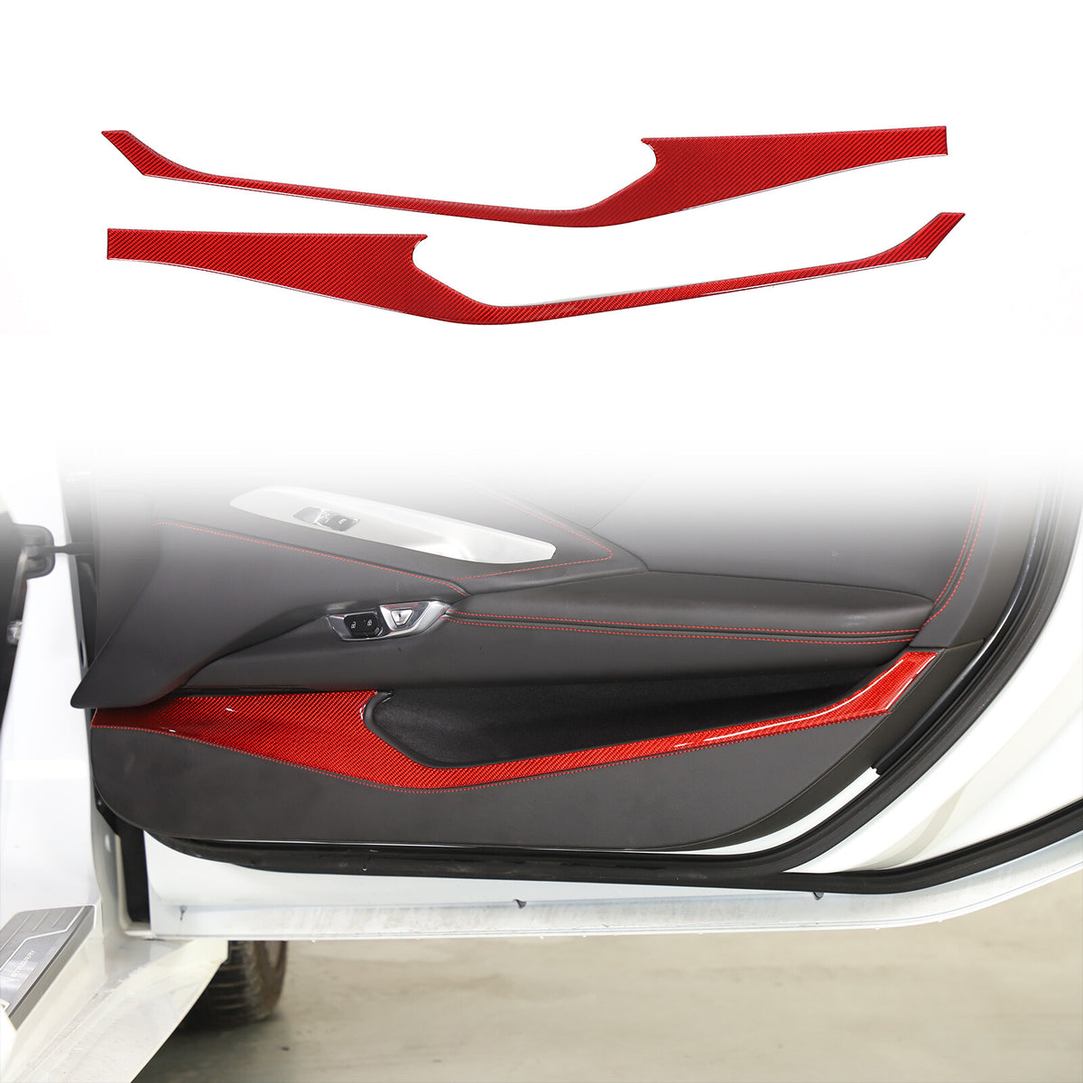 Red Carbon Fiber Interior Door Panel Anti Kick Trim Sticker For Corvette C8 20+ 1