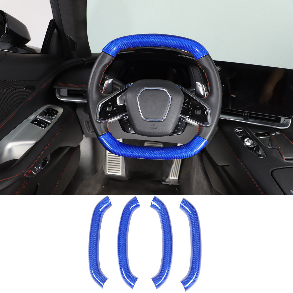 Blue Carbon Fiber Steering Wheel Top Lower Handle Cover Trim For C8 Corvette 5
