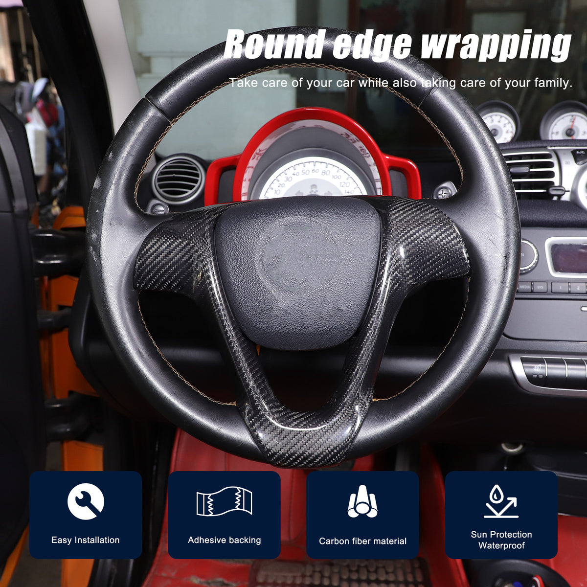 Real Carbon Fiber Interior Steering Wheel Cover Trim For Benz Smart Fortwo 09-15 7