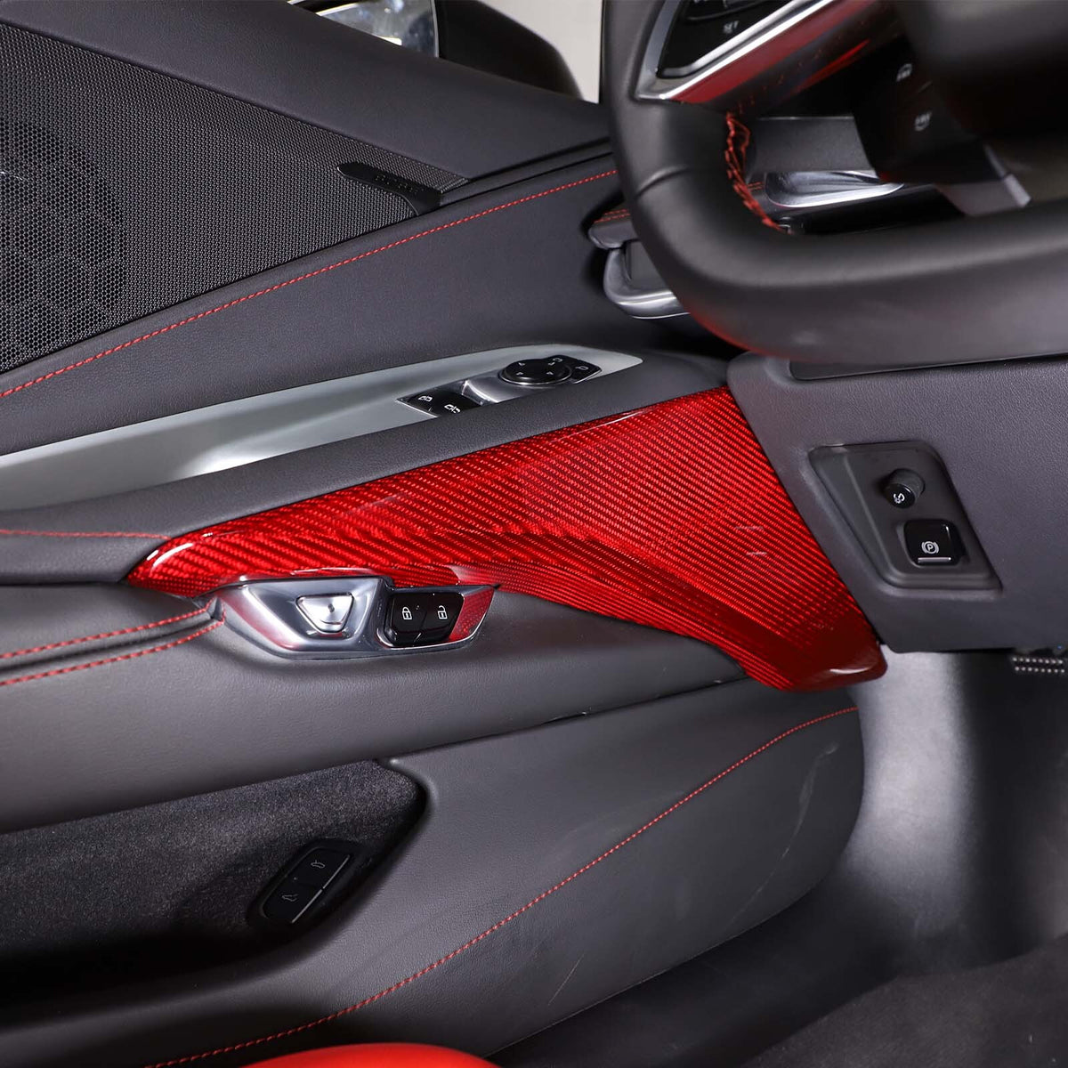 Red Real Carbon Fiber Interior Door Armrest Panel Trim Cover for Corvette C8 20+ 8