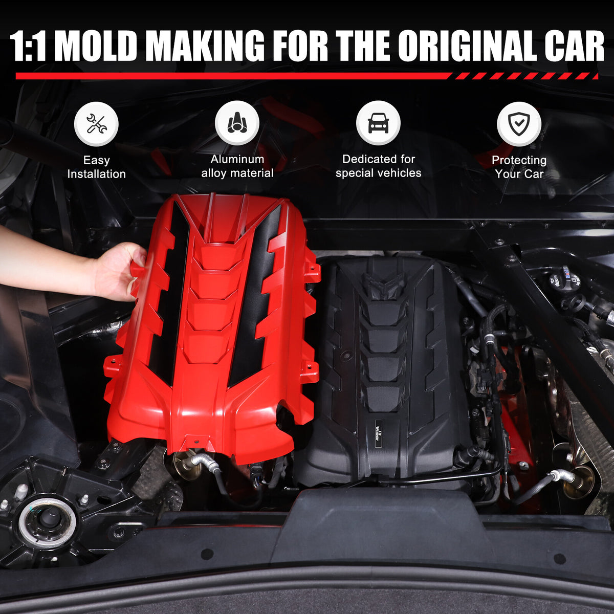 Red Engine Bay Panel Cover Trim in Edge Black For Corvette Coupe C8 2020-2026 US 15