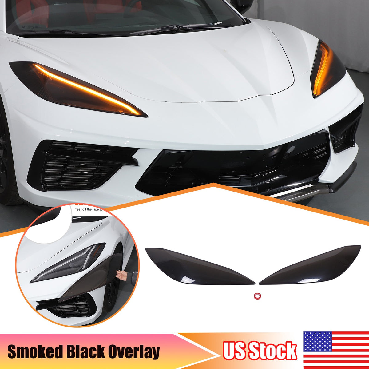 Smoked Blackout Headlight Lamp Cover Bezel Overlay Trim For Corvette C8 2020-26 1