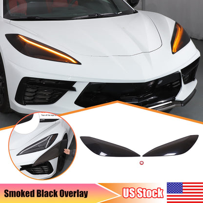Smoked Blackout Headlight Lamp Cover Bezel Overlay Trim For Corvette C8 2020-26 1