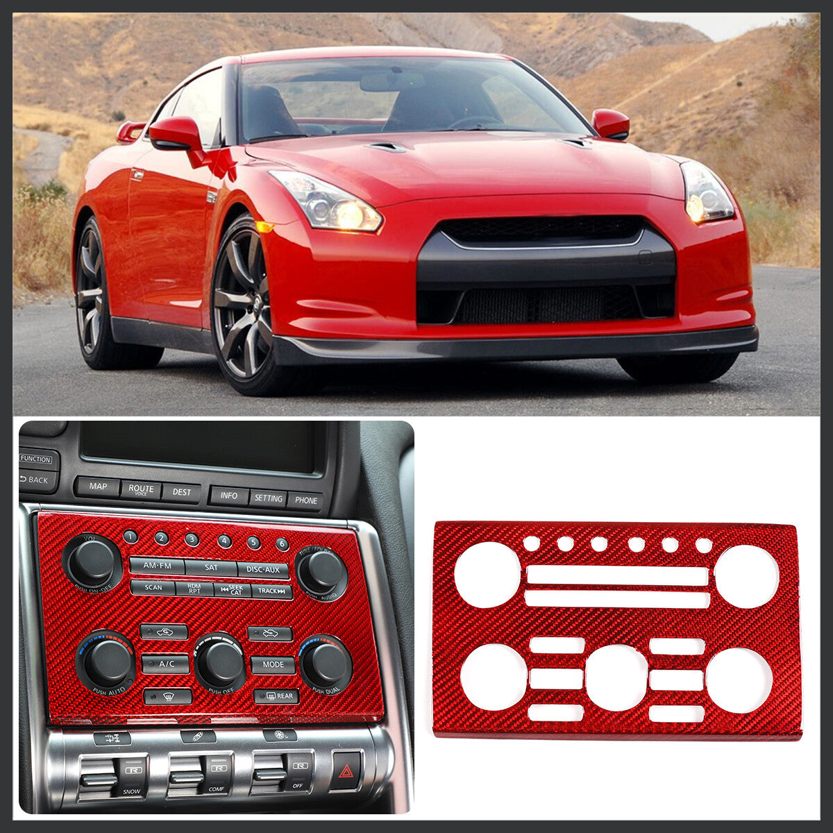 Red Carbon Fiber Central Control Volume Panel Trim for Nissan GTR R35 08-16 9
