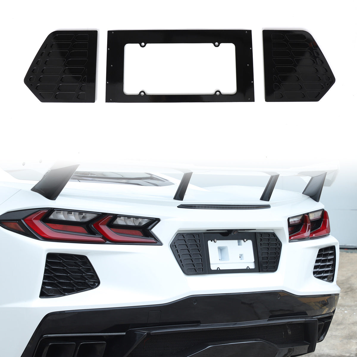Glossy Black Alloy Rear License Plate Filler Panel Trim for Corvette C8 2020+ 1
