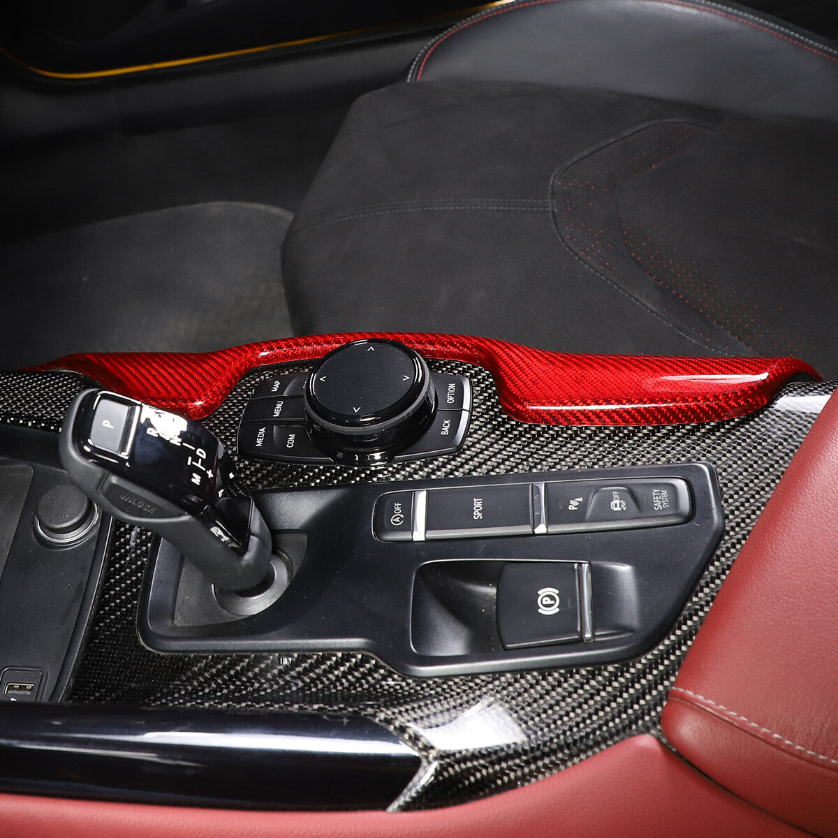 Red Carbon Fiber Console Gear Shift Side Trim Cover For Toyot-a Supra 2019-24 9
