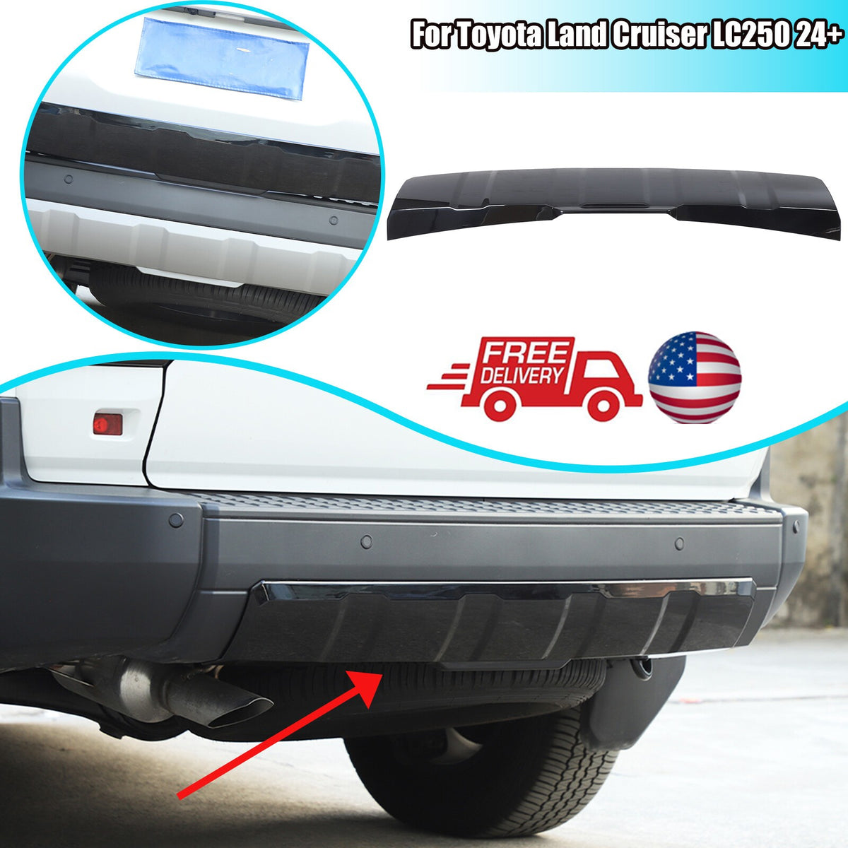 Glossy Black Rear Bumper Spoiler Guard For Toyota Land Cruiser LC250 24+ US 1