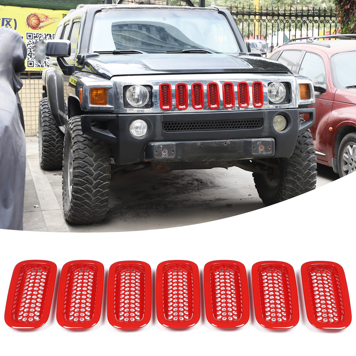 Sport Red ABS Front Grille Insect Screen Trim For Hummer H3 2005-2009 1
