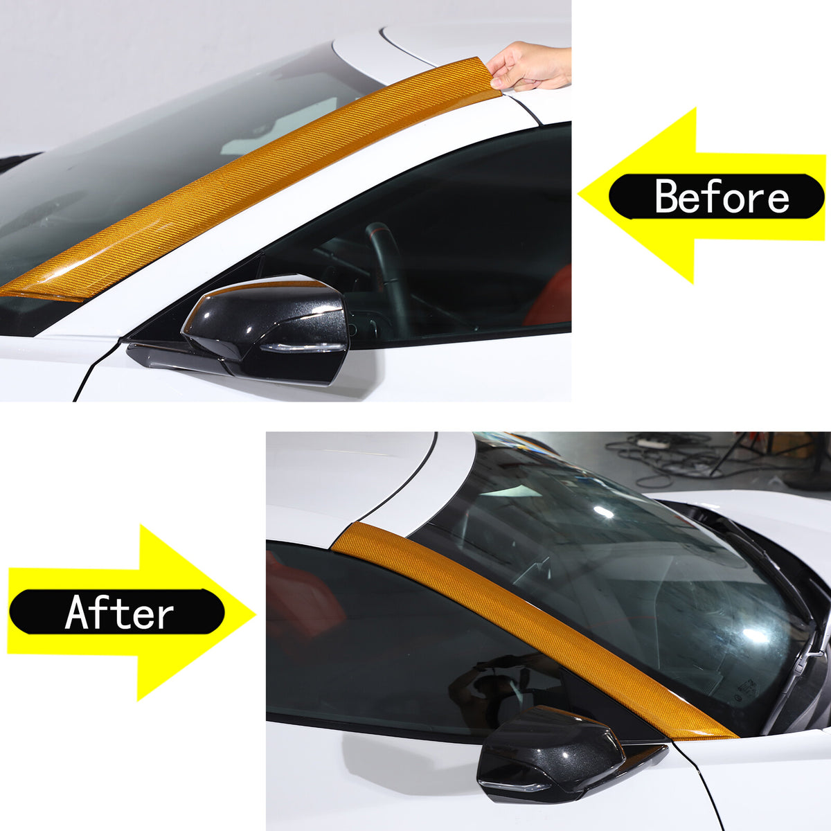 Yellow Carbon Fiber Front Window A Pillar Layover Trim For C8 Corvette 20-26 4