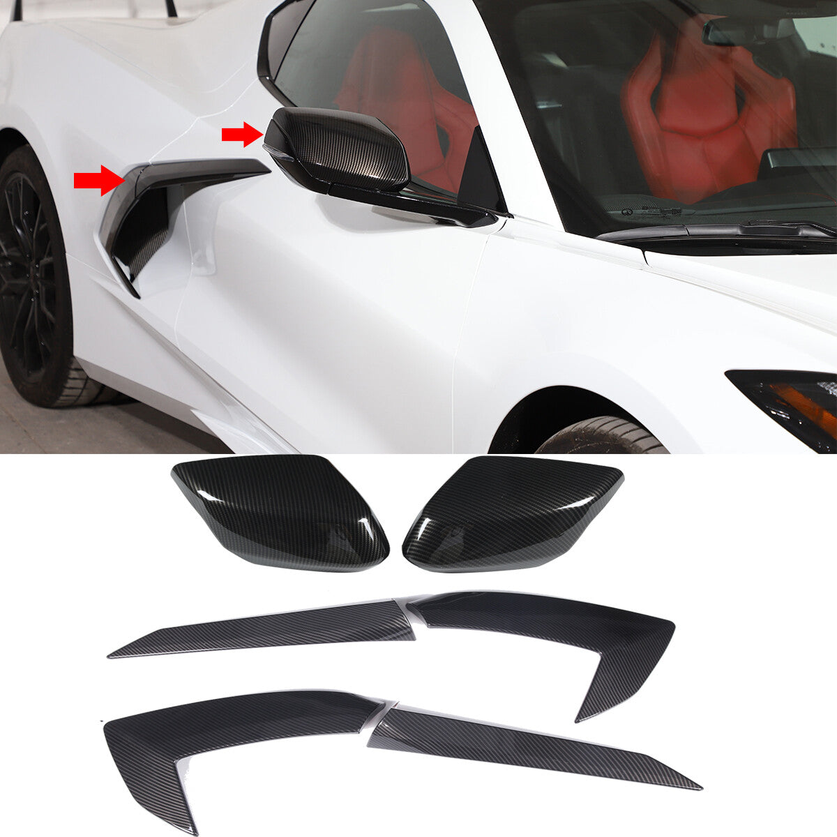 Carbon Pattern Fender Trim Door Handle + Rearview Mirror Cover For Corvette C8 2