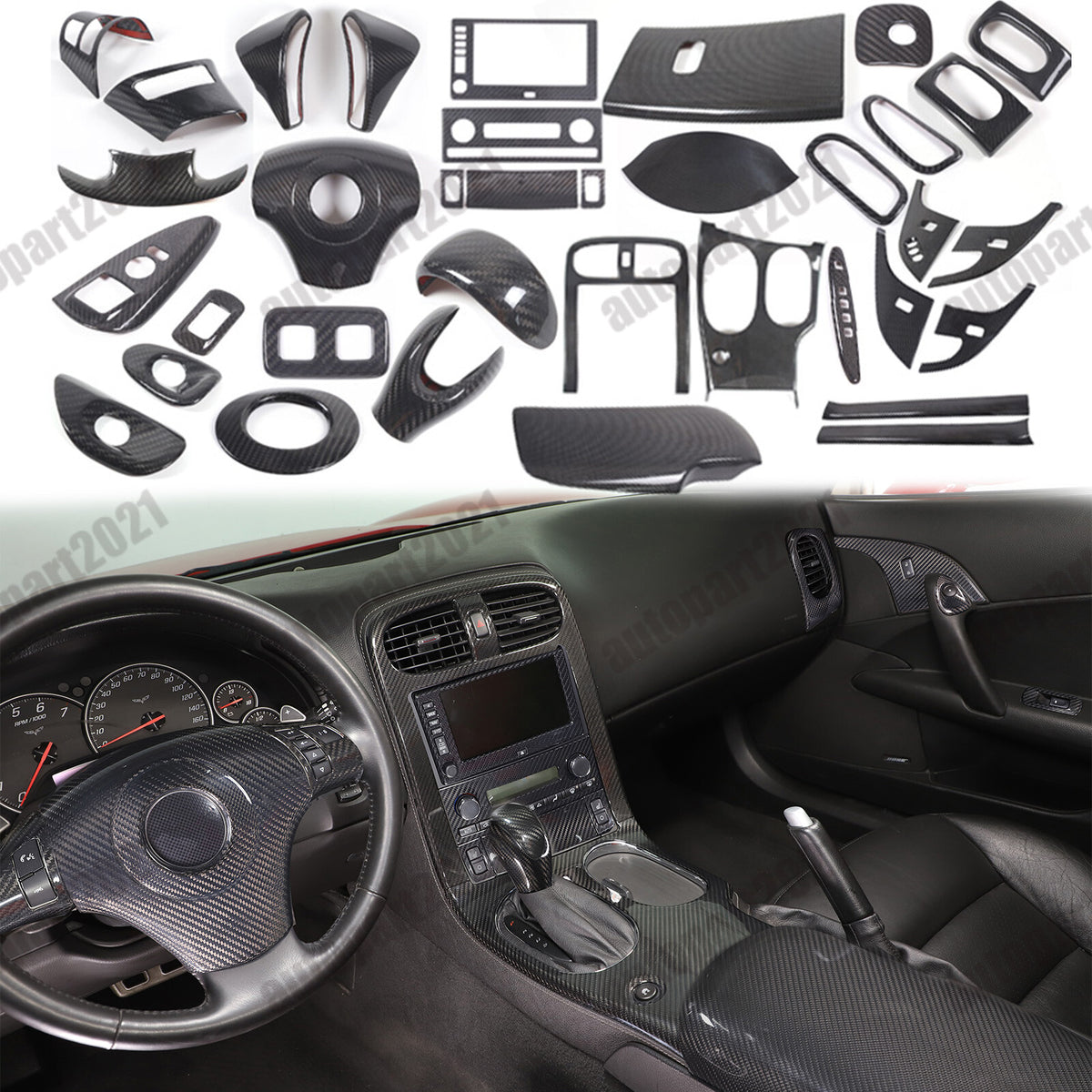 Real Dry Carbon Fiber Full Interior Set Decor Trim Kit for Corvette C6 2005-13 - Styles 6-10 1