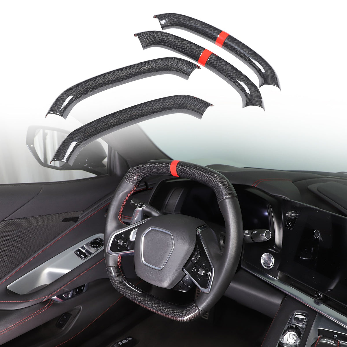 Red Top Honeycomb Carbon Fiber Steering Wheel Trim Cover For Corvette C8 2020+ 18