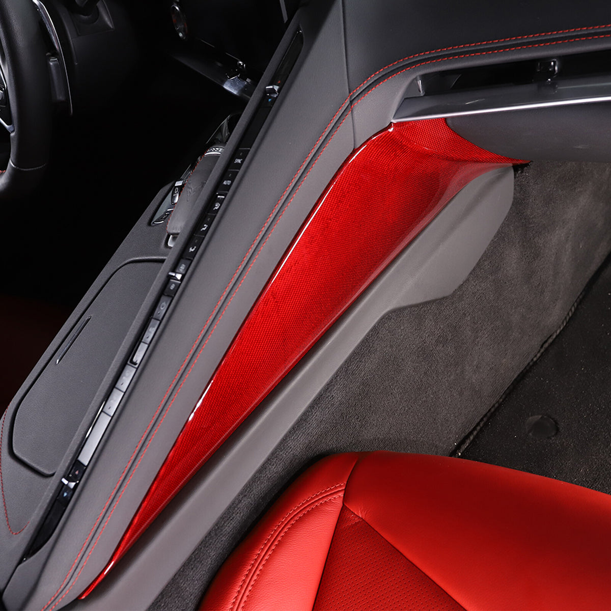 Red Real Carbon Fiber Center Console Side Knee Pad Trim For Corvette C8 2020-25 9
