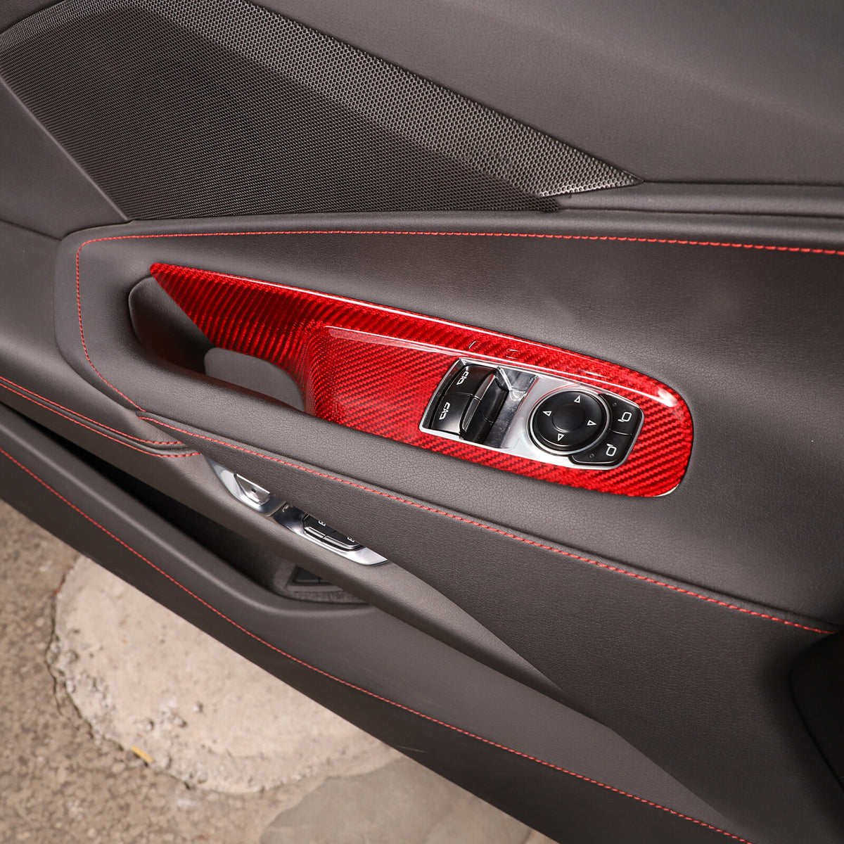 Red Real Carbon Fiber Window Lift Button Cover Trim For Corvette C8 Coupe 20-26 1