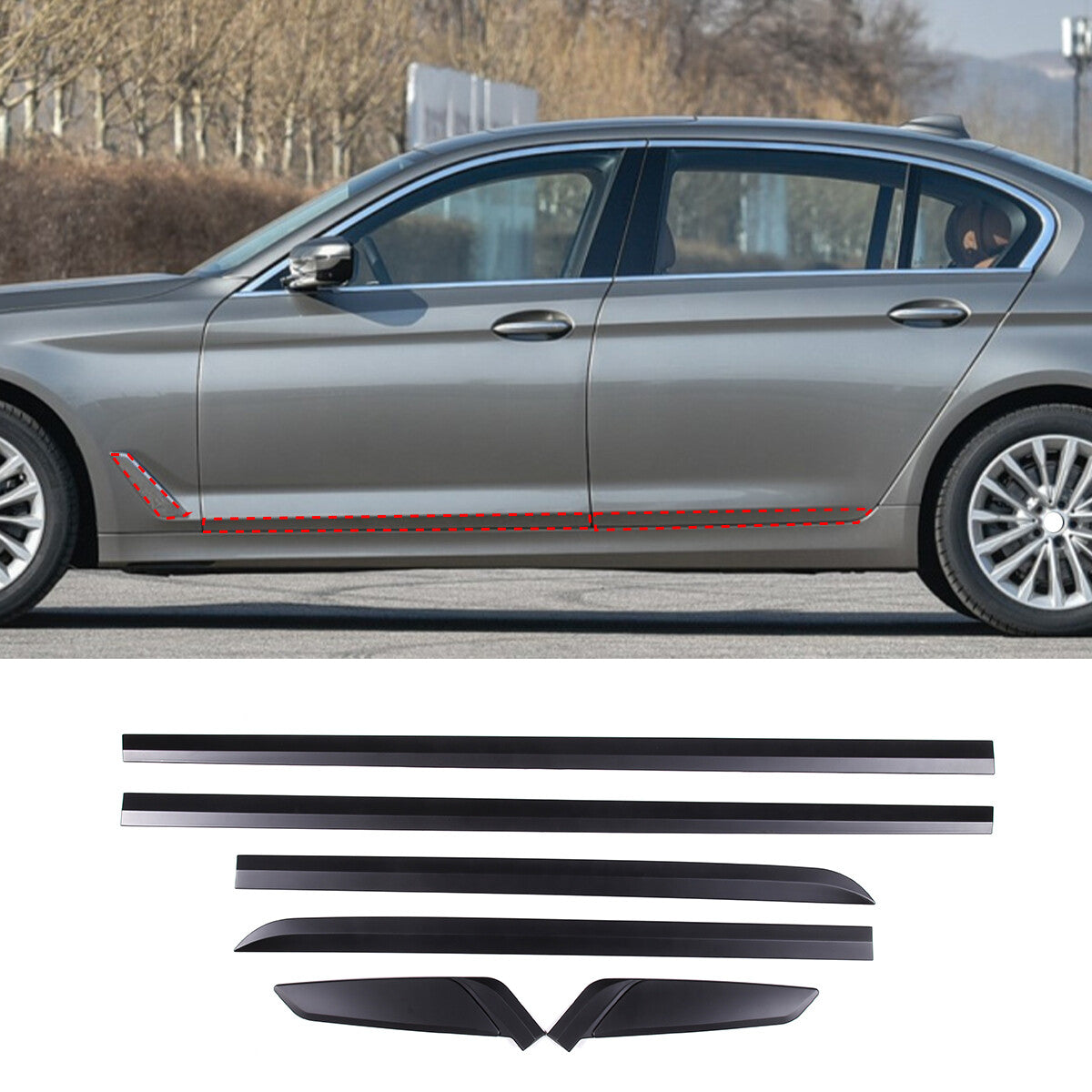 Matte Black Door Side Body Molding Trim Strips For BMW 5 Series G30 2018-22 2