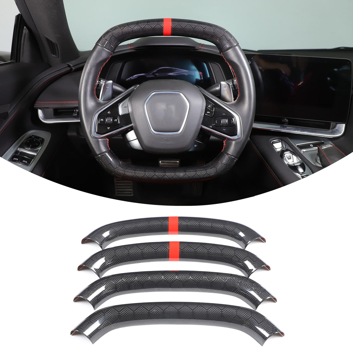Red Top Honeycomb Carbon Fiber Steering Wheel Trim Cover For Corvette C8 2020+ 2